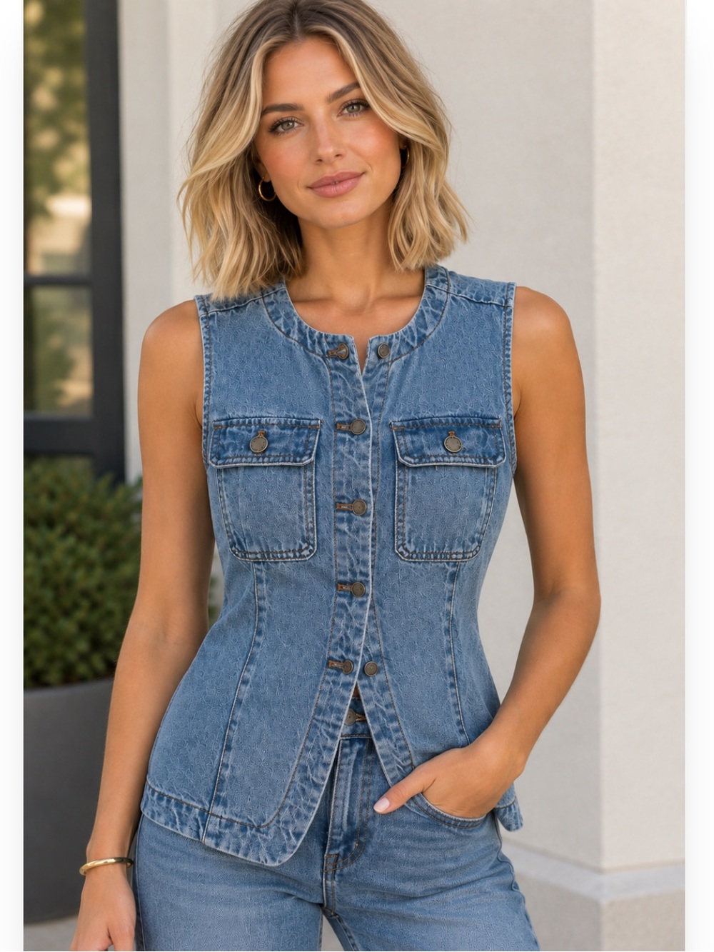 Oat New York Light Blue Denim Utility Vest